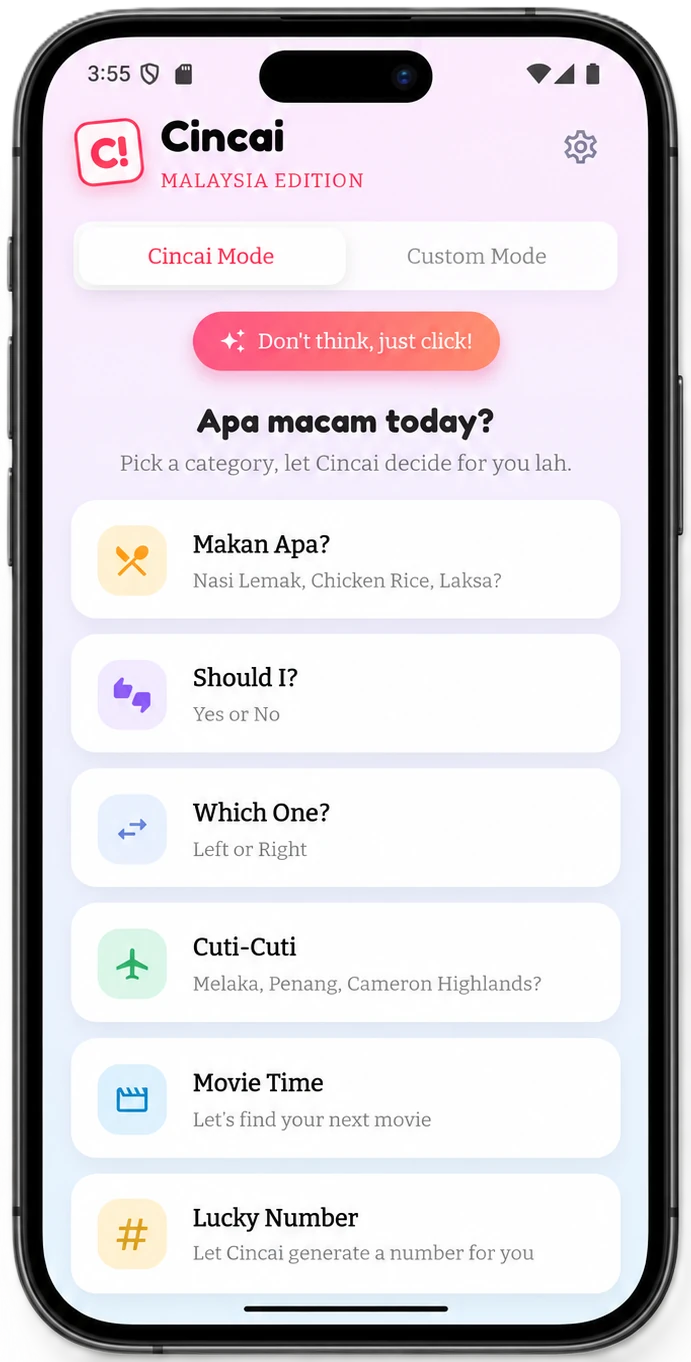 Cincai app showing food, travel, movie and everyday decision categories