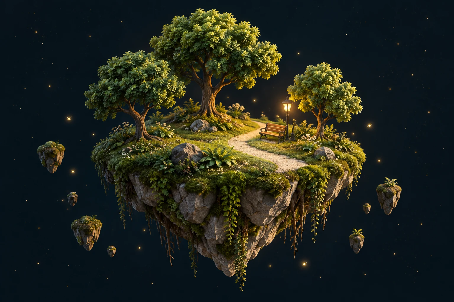 A floating park with green trees, a winding path and a bench